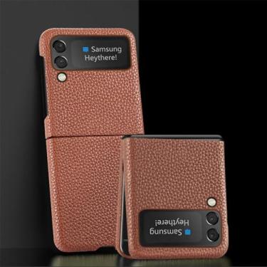 Imagem de Capa de telefone de couro de vaca para Samsung Galaxy Z Flip 5 4 3 Flip5 Flip4 ZFlip5 Capa traseira, marrom, para Galaxy Z Flip 5