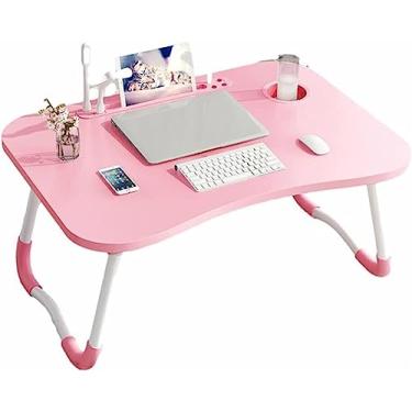 Imagem de Mesa de cama portátil para laptop, mesa de colo para notebook, suporte de leitura com porta de carregamento USB/suporte de copo/caneta para/sofá/sofá, mesa de computador dobrável, eficiência (rosa)