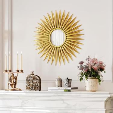 Imagem de MYOTA Espelho redondo de 76 x 76 cm, espelhos de parede dourados decorativos com folhas, espelho de arte de parede com moldura de metal para entrada, banheiro, penteadeira, sala de estar