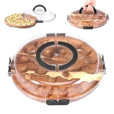 Imagem de Bandeja de ovos de madeira, 24 compartimentos para ovos com tampa, alça e trava de segurança, bandejas de suporte para festa e cozinha doméstica