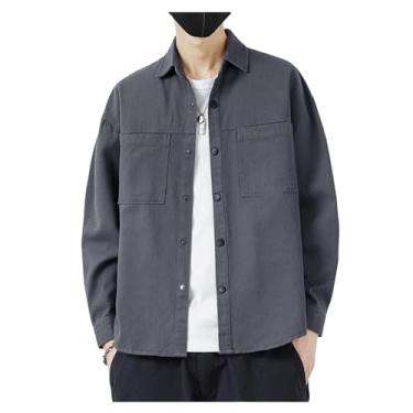 Imagem de Camisa jeans masculina, manga comprida, gola aberta, cor lisa, botões frontais, bainha reta, Cinza, XG