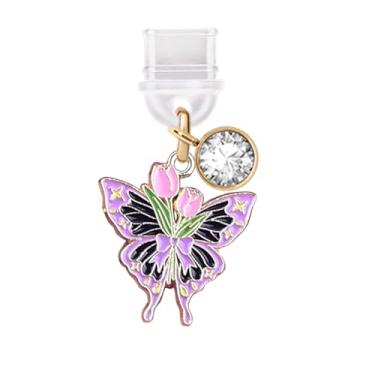 Imagem de ELISE & FONDA TP394 Tipo-C porta de carregamento USB plugue antipoeira borboleta BowTulips pingente de celular para iPhone 15/16/Samsung/OnePlus/Xiaomi/oppo telefones Android (preto e roxo), approx.