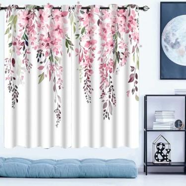 Imagem de EOTDMS Cortinas florais em aquarela rosa, cortina de flores de videira com folhas botânicas, cortinas de tratamento de janela blackout para quarto e sala de estar 107 x 160 cm, 2 painéis