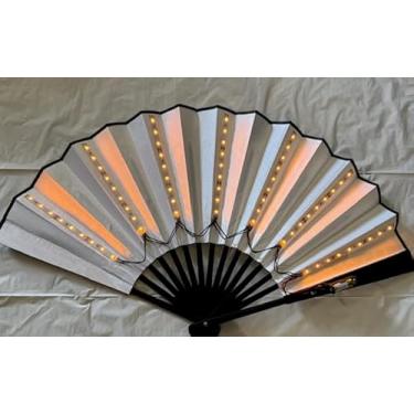 Imagem de Ventilador dobrável com iluminação LED, papel branco com moldura preta, ventilador de mão iluminado alimentado por bateria (luzes amarelas)