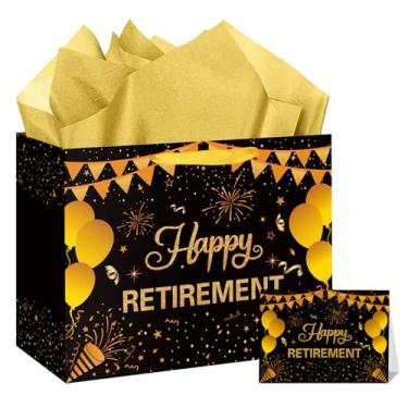 Imagem de Hooqict Grande bolsa de presente de aposentadoria ouro preto feliz festa de aposentadoria bolsa de presente com alças, papel de embrulho, cartão de felicitações para homens, mulheres, colega de