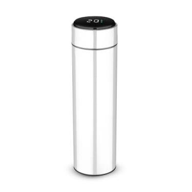 Imagem de Garrafa Térmica 450ml Aço Inox com Infusor para Chá + Display LED na Tampa (Termômetro) — Parede Dupla Vácuo, Tampa Rosqueável com Vedação, Bateria CR2032 Extra Inclusa (Branco)