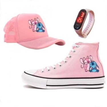 Imagem de Kit Estampa Lilo Stitch Angel Feminino Tênis Relogio e Boné Adulto Inf