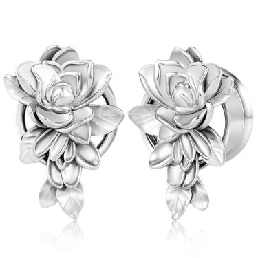 Imagem de Vankula 2 peças de alargadores de orelha de flor hipoalergênicos 0 g 00 g alargadores de orelha para orelhas esticadas piercing corporal joias para mulheres e homens, 12mm(1/2"), Metal, Sem pedra