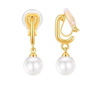 Imagem de FAN&LOUIS Brincos femininos com clipe de pérola, banhados a ouro 24 K, hipoalergênicos, brincos pendentes de pérola, não perfurados, indolores, 2026