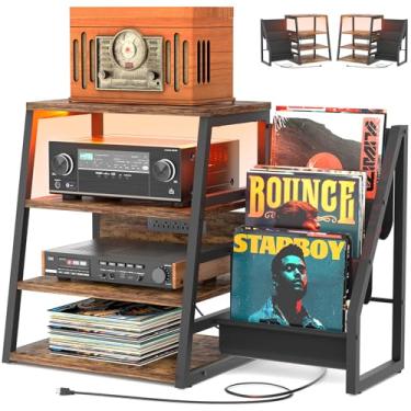 Imagem de Suporte de mídia AV com tomadas, suportes estéreo e prateleiras com armazenamento de vinil, suporte estéreo com armazenamento de discos, gabinete de rack estéreo de áudio, suporte de console de