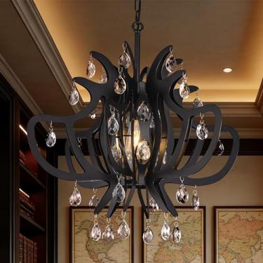 Imagem de TOCHIC Lustre preto, lustres de cristal modernos de 61 cm para sala de jantar, luminária de teto de metal de meados do século para quarto, entrada, sala de estar, ilha de cozinha, hall de entrada