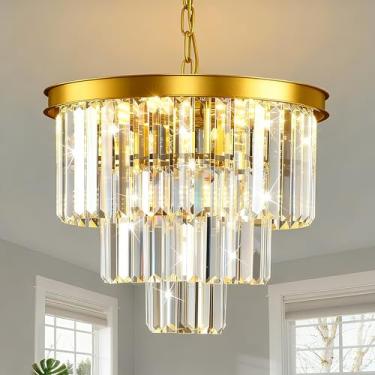 Imagem de AKDXIRUN Lustres modernos de cristal dourado 3 andares lustre de sala de jantar redondo grande pingente de cristal contemporâneo luminária de teto para sala de estar quarto hall de entrada W15,7 ''