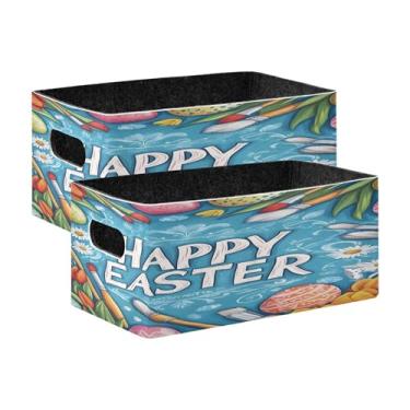 Imagem de xigua Conjunto de 2 caixas de armazenamento de ovos coloridos de Páscoa, cubo de armazenamento dobrável, organizador de cestas de armazenamento para livros, prateleiras, armário, lavanderia, berçário
