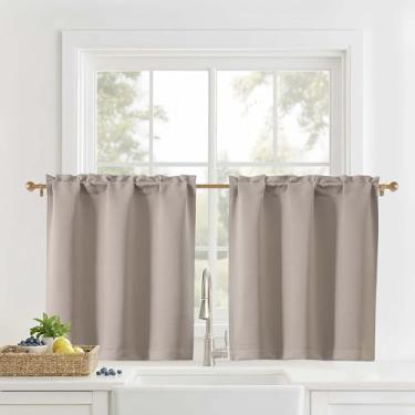 Imagem de OVZME Cortinas de cozinha 76 cm de comprimento - Cortinas de janela pequenas com filtragem de luz camadas para cozinha sobre pia, tratamentos de meia janela, cortinas curtas, cor de pedra, 2 painéis