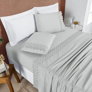 Imagem de Jogo de Lençol 4 Peças King/Queen Size/Casal Padrão/Solteiro Percal 200 Fios Lese Bordado Inglês(Cinza,Queen Size 4 Peças)