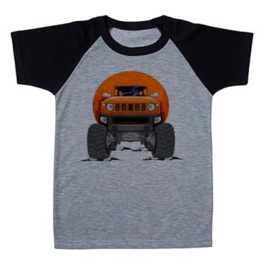 Imagem de Camiseta Raglan Infantil Cinza Carro Caminhao Monstro Frente Laranja (BR, Numérico, 8, Regular, Polialgodão)