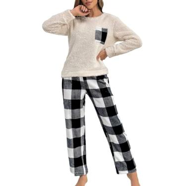 Imagem de MakeMeChic Conjunto de pijama feminino xadrez de 2 peças, blusa felpuda, calça de flanela de búfalo, conjunto lounge, Bege, GG