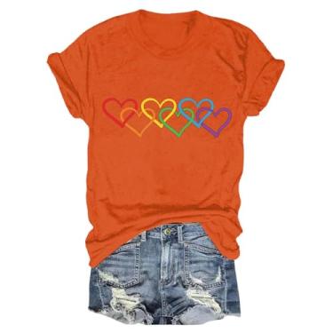 Imagem de Camiseta feminina com estampa de coração colorido arco-íris manga curta gola redonda camiseta casual ajuste solto, Laranja, GG