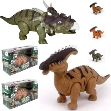 Imagem de KIT 2 DINOSSAUROS INFANTIL COM Papassauro + TRICERATOPS Com Som Luz Movimento BRINQUEDO Anda RUGE DINO LUZES JURASSICO REX CRIANÇA ESTIMULA CRIATIVIDADE 26CM