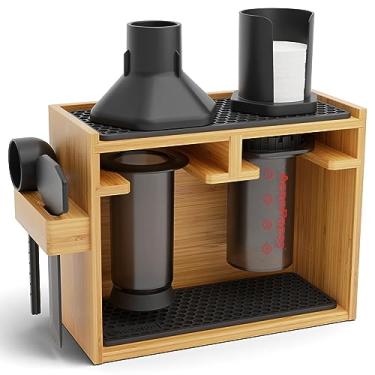 Imagem de HEXNUB Organizador de bambu para AeroPress, estação de suporte de café para cafeteira AeroPress, acessórios, filtros, copos, suporte inclui tapetes de gotejamento (preto)
