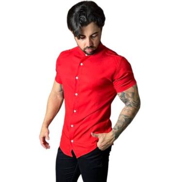 Imagem de Camisa Gola Padre Masculina Social Slim Fit Manga Curta Envio Imediato