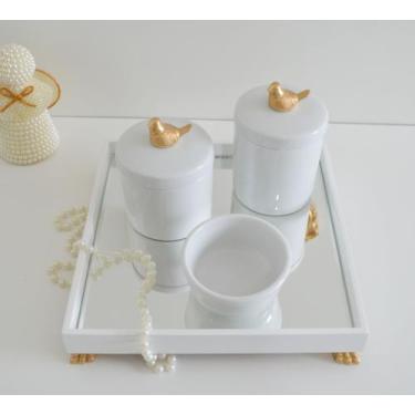 Imagem de Kit Higiene K049 Bandeja MDF Porcelanas Apliques Dourado Quarto Bebê -