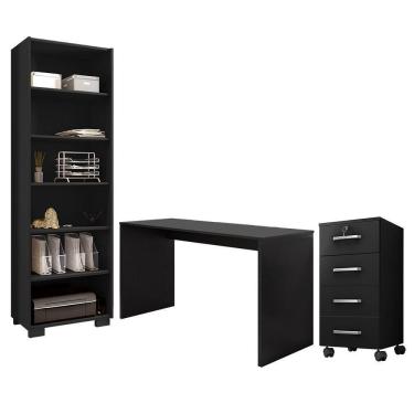 Imagem de Escritório Completo Gávea Estante Livreiro, Mesa E Gaveteiro Preto Trama - Móveis Leão Preto Trama