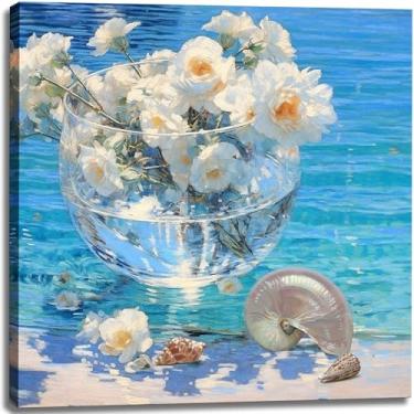 Imagem de weiyiart Pintura em tela de arte de parede oceano azul com flores brancas e concha pintura a óleo paisagem marítima decoração para sala de estar, quarto 61 x 61 cm