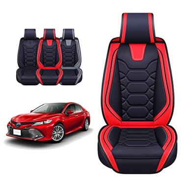 Imagem de OASIS AUTO Capa de assento de couro de ajuste personalizado compatível com Camry 2012-2023 (conjunto completo, preto e vermelho)