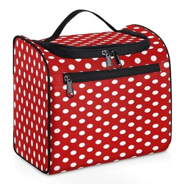 Imagem de Bolsa de higiene pessoal com fundo vermelho de bolinhas brancas para mulheres, bolsa de higiene para viagem, organizador de maquiagem cosmética resistente à água para artigos de higiene e cosméticos