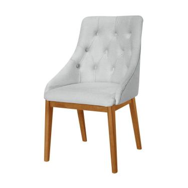 Imagem de Cadeira De Jantar Luxo Estofada Elisa Anatômica Linho Cinza Capitonê Base Madeira Maciça 