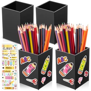 Imagem de Funrous Pacote com 4 porta-lápis de acrílico preto, dispensador de lápis de mesa, organizador de pincéis de maquiagem com adesivos coloridos para escola, escritório, material doméstico, 10 x 6 x 6 cm