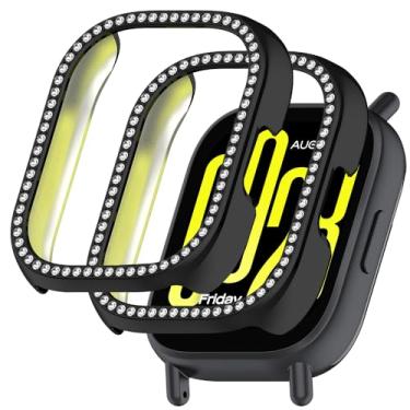 Imagem de Acddeny [2 peças] Diamante com glitter para xiaomi redmi Watch 5 Active, capa de policarbonato rígido com capa protetora brilhante, acessórios para smartwatch para mulheres e meninas, preto