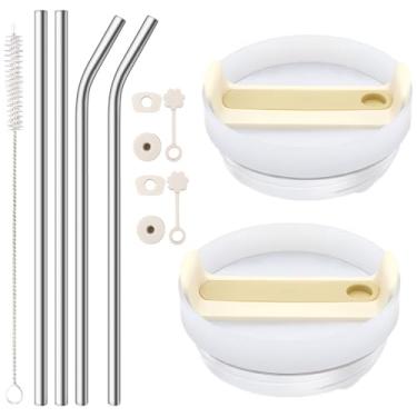 Imagem de Pacote com 2 tampas à prova de vazamento com 4 canudos de metal de aço inoxidável reutilizáveis SUS 304 para copo Stanley de 1,134 g, tampa de derramamento de acessórios Stanley Cup (creme)