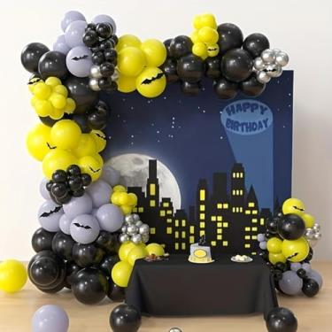Imagem de 163 peças de decoração de festa de super-herói morcego enfeite de aniversário kit de arco de guirlanda, amarelo preto prata látex pendurado arco de ornamento para suprimentos inspirados em morcegos