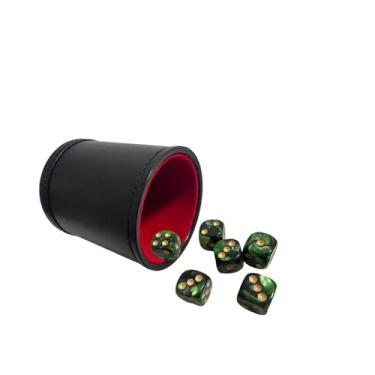 Imagem de TOPTAN PU Leatherette Dice Cup with 6 D6 Black and Green Dice for Yahtzee Farkle Bar Party Dice Games