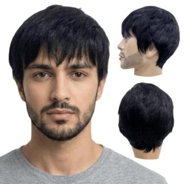 Imagem de Peruca curta preta masculina cabelo humano liso unissex - LIONSWIG