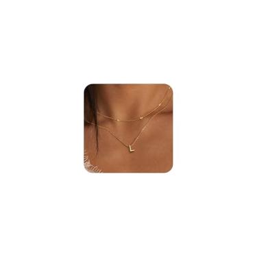 Imagem de Conjunto de colar feminino com inicial de ouro em L em camadas, pingente de letra de ouro real 14K, joias, moderno, à prova d'água, empilhável, pacote de presentes