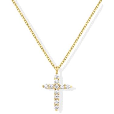 Imagem de Inerney Colar feminino com cruz delicada, banhado a ouro 14 K, pequeno, diamante lateral, pingente de cruz, simples, moderno, batismo, religiosa, fé cristã, joias presentes para Páscoa e Natal, Latão