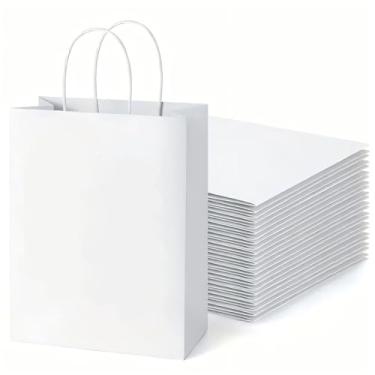 Imagem de 120 peças de sacos de presente com alças, sacos de papel kraft brancos de 20,3 x 12 x 25,4 cm com alças, sacolas de compras para varejo, restaurante, comida para viagem, lembrancinhas de festa de