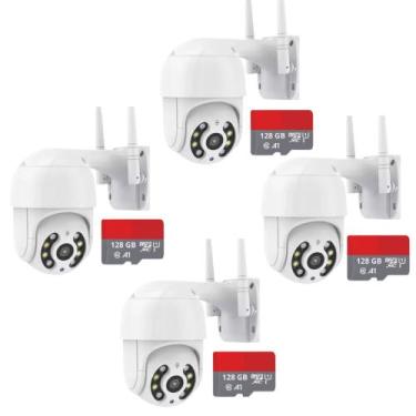 Imagem de Kit 4 Camera PTZ Externa Ip Dome Wifi Full Hd + 4 Cartão 128GB