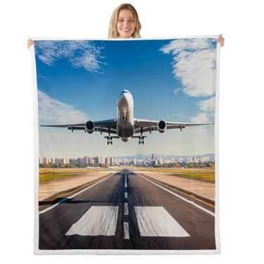 Imagem de Erosebridal Cobertor de aviação, manta de ovelha de aviação para crianças, adolescentes e adultos, lã de pista de pista, cobertor felpudo de decolagem 101,6 cm x 127 cm decoração de sofá azul branco