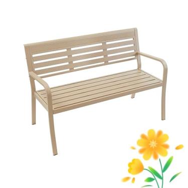 Imagem de Bancos de pátio de 129 cm para ambientes externos, banco de jardim com moldura de liga de alumínio com corrimãos e encosto curvos, assento de pátio, assento de ripas, para gramado, piquenique, quintal