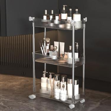 Imagem de Carrinho utilitário de rolamento de 2 a 4 camadas, organizador de armazenamento móvel com rodas bloqueáveis, unidade de prateleiras versátil para cozinha e banheiro, design transparente, 45 cm P x