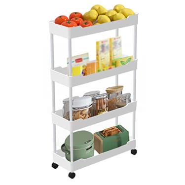 Imagem de Carrinho de rodinhas de armazenamento fino de 4 camadas com rodas - Organizador de rack utilitário deslizante para banheiro, cozinha, lavanderia, quarto - Sistema de prateleira de carrinho de montagem