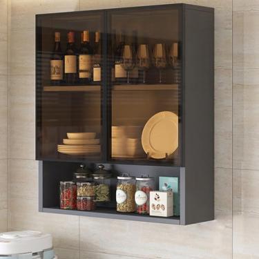 Imagem de Armário de exibição de vidro para banheiro montado na parede, armazenamento de cozinha estreito marrom/cinza, organizador sobre o banheiro, alça oculta, decoração de sala de estar, armário multiuso