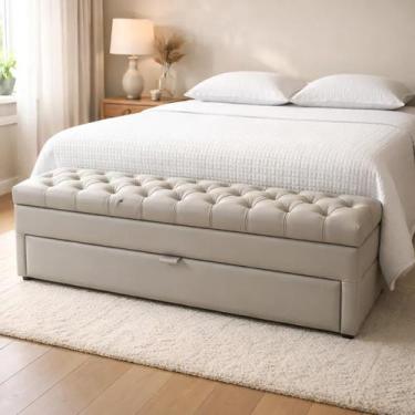 Imagem de Puf Baú Com Gaveta de Casal 140x50x45cm Cor Bege Claro - material sint
