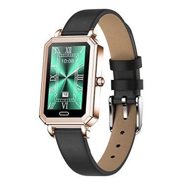 Imagem de Relógio inteligente feminino esportivo com Bluetooth, à prova d'água, frequência cardíaca, monitor de sono, fitness, smartwatch, rastreador de atividades, pedômetro, relógio de pulso moderno para iOS Android (pulseira de couro)