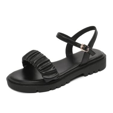 Imagem de Sandálias femininas de verão estilo fada uma palavra sandálias de cinto moda plana com sola grossa, Preto 19, 34 BR