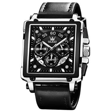 Imagem de OLEVS Relógios quadrados masculinos de couro marrom, cronógrafo, moderno, negócios, luminoso, impermeável, casual, relógios de pulso, Couro preto, Cronógrafo